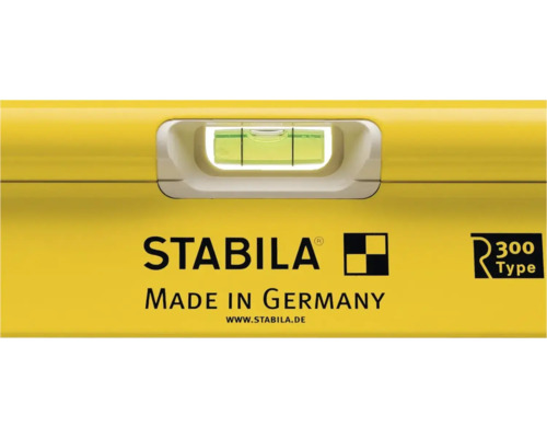 Detailansicht einer Stabila Wasserwaage mit Libelle, Stabila Logo und Herkunftsbezeichnung.
