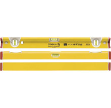Gelbe Stabila Wasserwaage Typ R 300, 61 Zentimeter lang, aus Aluminium mit drei Libellen in verschiedenen Ansichten. Stabila Logo.