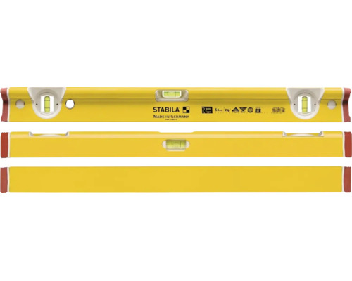 Gelbe Stabila Wasserwaage Typ R 300, 61 Zentimeter lang, aus Aluminium mit drei Libellen in verschiedenen Ansichten. Stabila Logo.