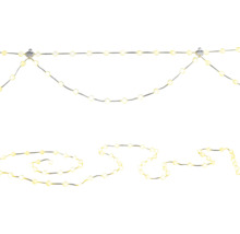 LED-Lichterkette mit kleinen Lichtpunkten, hängend und liegend dargestellt.