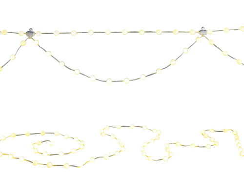 LED-Lichterkette mit kleinen Lichtpunkten, hängend und liegend dargestellt.