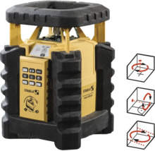 Stabila Rotationslaser LAR 350 mit robustem Gehäuse und Diagrammen für horizontale und vertikale Nivellierung.