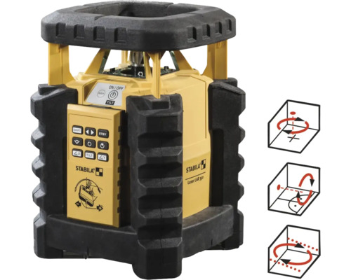 Stabila Rotationslaser LAR 350 mit robustem Gehäuse und Diagrammen für horizontale und vertikale Nivellierung.