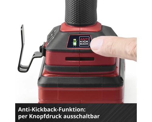 Anti-Kickback-Funktion am Elektrowerkzeug per Knopfdruck ausschaltbar.