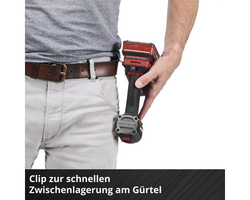 Akkuschrauber mit Gürtelclip zur schnellen Zwischenlagerung am Gürtel.