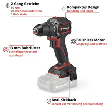 Einhell Akkumulator-Bohrschrauber, bürstenloser Motor, 13 Millimeter Schnellspannbohrfutter, 2-Gang-Getriebe, Anti-Kickback und kompaktes Design.