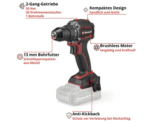 Einhell Akkumulator-Bohrschrauber, bürstenloser Motor, 13 Millimeter Schnellspannbohrfutter, 2-Gang-Getriebe, Anti-Kickback und kompaktes Design.