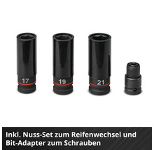 Steckschlüssel-Set für den Reifenwechsel in den Größen 17, 19 und 21 inklusive Bit-Adapter zum Schrauben.