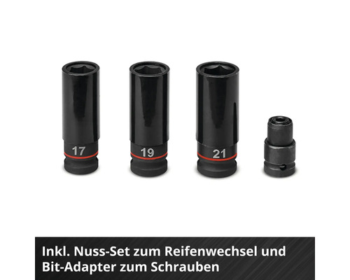Steckschlüssel-Set für den Reifenwechsel in den Größen 17, 19 und 21 inklusive Bit-Adapter zum Schrauben.