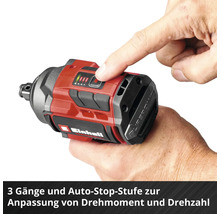 Einhell Schlagschrauber mit Detailansicht der 3 Gänge und Auto-Stop-Einstellung zur Anpassung von Drehmoment und Drehzahl.