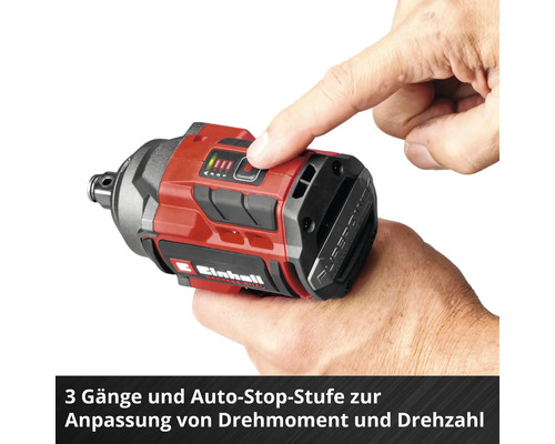 Einhell Schlagschrauber mit Detailansicht der 3 Gänge und Auto-Stop-Einstellung zur Anpassung von Drehmoment und Drehzahl.