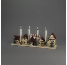 LED-Weihnachtsdekoration Winterdorf aus Holz mit 4 Kerzen, Häusern, Tannen und Figuren.