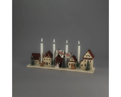LED-Weihnachtsdekoration Winterdorf aus Holz mit 4 Kerzen, Häusern, Tannen und Figuren.
