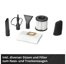 Zubehörset für Nass- und Trockensauger mit verschiedenen Düsen, Filtern und einem Staubbeutel.