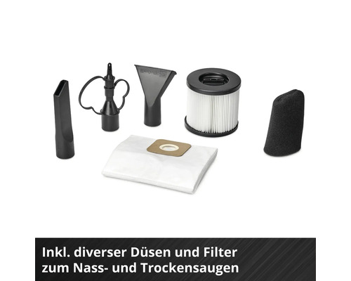 Zubehörset für Nass- und Trockensauger mit verschiedenen Düsen, Filtern und einem Staubbeutel.