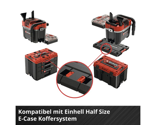 Einhell Akku-Nass-Trockensauger kompatibel mit dem Einhell E-Case Koffersystem inklusive Detailansicht der Verriegelung.