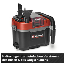 Einhell Professional Akku-Nass-Trockensauger mit Halterungen für Düsen und Saugschlauch zur einfachen Aufbewahrung am Gerät.