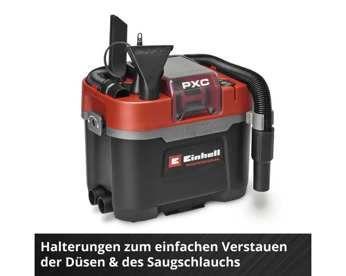 Einhell Professional Akku-Nass-Trockensauger mit Halterungen für Düsen und Saugschlauch zur einfachen Aufbewahrung am Gerät.