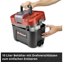 Einhell batteriebetriebener Nass-Trockensauger mit 10 Liter Behälter und Drehverschlüssen zum einfachen Entleeren.