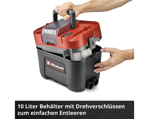 Einhell batteriebetriebener Nass-Trockensauger mit 10 Liter Behälter und Drehverschlüssen zum einfachen Entleeren.