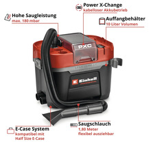 Einhell Professional Akku-Staubsauger mit Power X-Change System, 10 Liter Behälter, 180 mbar Saugleistung und 1,80 Meter Saugschlauch.