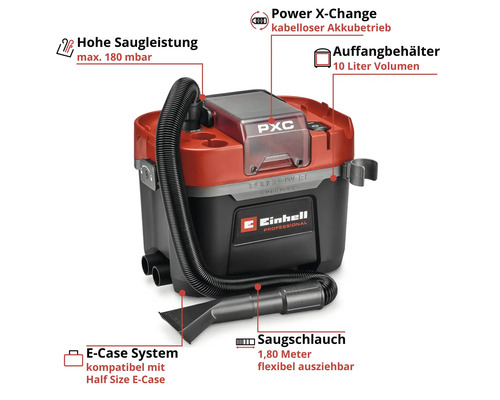 Einhell Professional Akku-Staubsauger mit Power X-Change System, 10 Liter Behälter, 180 mbar Saugleistung und 1,80 Meter Saugschlauch.