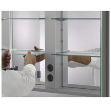 Innenansicht eines Spiegelschranks mit Glaseinlegeböden und zwei integrierten Steckdosen, Hände setzen einen Glasboden ein.