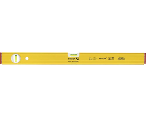 Gelbe Stabila Wasserwaage Type 80 AS, Länge 60 Zentimeter, Aluminiumprofil mit horizontaler und vertikaler Libelle.