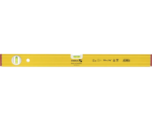 Gelbe Stabila Wasserwaage Type 80 AS, Länge 60 Zentimeter, Made in Germany, mit zwei Libellen und roten Endkappen.