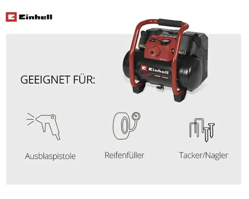 Einhell Kompressor geeignet für Ausblaspistole, Reifenfüller sowie Tacker und Nagler.