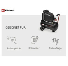Einhell Kompressor geeignet für Ausblaspistole, Reifenfüller und Tacker oder Nagler. Einhell Logo.