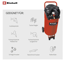 Einhell Logo. Einhell Kompressor und Symbole für Anwendungen wie Ausblaspistole, Tacker, Farbspritzpistole, Schlagschrauber und Reifenfüller.
