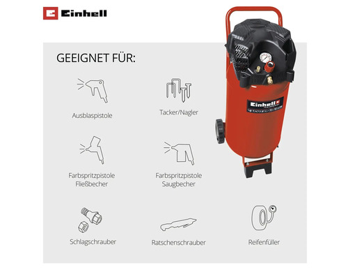 Einhell Logo. Einhell Kompressor und Symbole für Anwendungen wie Ausblaspistole, Tacker, Farbspritzpistole, Schlagschrauber und Reifenfüller.