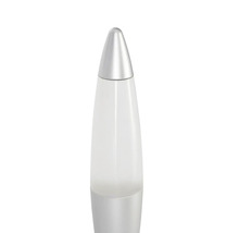 Lavalampe in Raketenform mit silbernem Sockel und Gehäuse.
