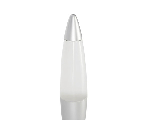Lavalampe in Raketenform mit silbernem Sockel und Gehäuse.
