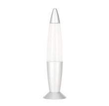 Lavalamp Tischleuchte in Raketenform mit silbernem Gehäuse und weißem Wachs