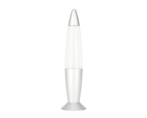 Lavalamp Tischleuchte in Raketenform mit silbernem Gehäuse und weißem Wachs