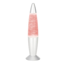 Lavalampe in Raketenform mit silbernem Metallsockel und Glaskörper mit rosa Wachs.