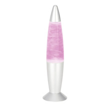 Dekorative Lavalampe mit silberfarbenem Standfuß und Kappe sowie rosa Flüssigkeit und Wachs.