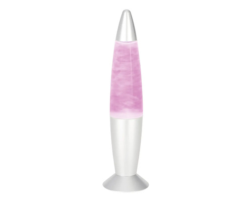 Dekorative Lavalampe mit silberfarbenem Standfuß und Kappe sowie rosa Flüssigkeit und Wachs.