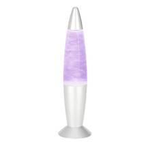 Lavalampe mit silbernem Gehäuse und violettem Wachs.