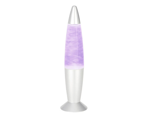 Lavalampe mit silbernem Gehäuse und violettem Wachs.
