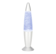 Lavalampe in Raketenform mit blauem Wachs und silbernem Fuß.