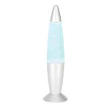 Raketenförmige Lavalampe aus silbernem Metall mit hellblauem Wachs.
