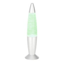 Lavalampe in Raketenform mit silbernem Sockel und Spitze, befüllt mit grünem Wachs.