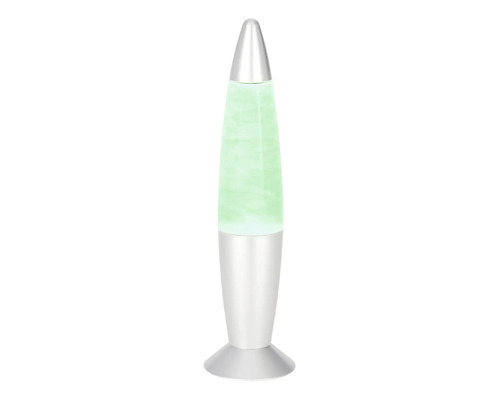 Lavalampe in Raketenform mit silbernem Sockel und Spitze, befüllt mit grünem Wachs.