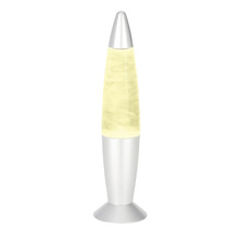 Lavalampe in Raketenform mit silbernem Sockel und Gehäuse aus Glas.