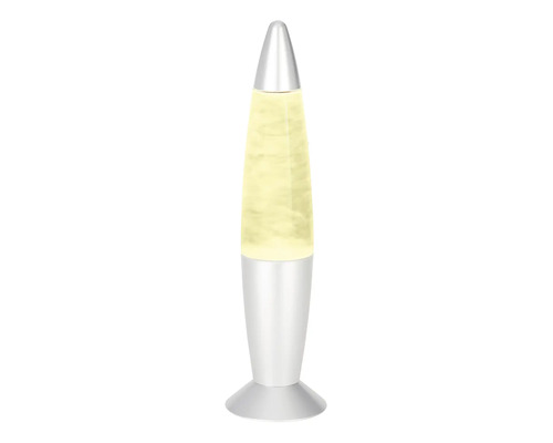 Lavalampe in Raketenform mit silbernem Sockel und Gehäuse aus Glas.