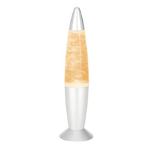 Raketenförmige Lavalampe mit silberfarbenem Sockel und Kappe, gefüllt mit orangefarbenem Wachs.