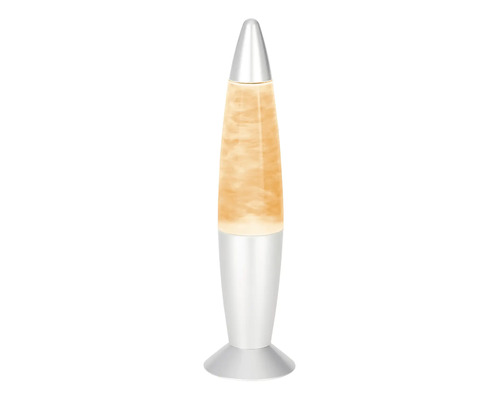 Raketenförmige Lavalampe mit silberfarbenem Sockel und Kappe, gefüllt mit orangefarbenem Wachs.